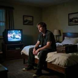 man sitting on the bed in a dark motel room, the room is worn down, the tv is showing a police chase, there is a suitcase on the bed, it is night outside