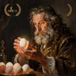 wizard examining eggs, fantasy art, Rembrandt