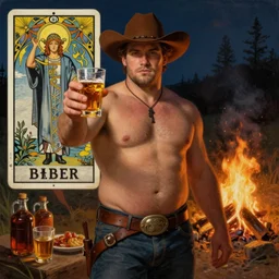 a dramatic, epic, ethereal painting of a handsome thicc shirtless cowboy beer belly wearing a leather belt offering you a drink | background is a late night campfire with food and jugs of  whisky | tarot!! card, art deco, art nouveau, homoeroticism | by Mark Maggiori | trending on artstation