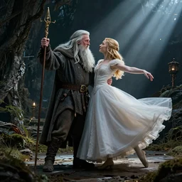 gandalf ( ian mckellen ) is waltz off with galadriel ( cate blanchett ) waltz in the new hobbit movie, dynamic lights, illustration by greg rutkowski *