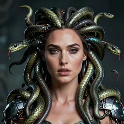 beauty woman Gal Gadot as Medusa with mechanical snakes of different sizes, detailed face,  very detailed, dramatic lighting, electrical details, high details, 4k, 8k, trending on artstation, by Greg Rutkowski, Wayne Barlowe, Hajime Sorayama and Boris Vallejo