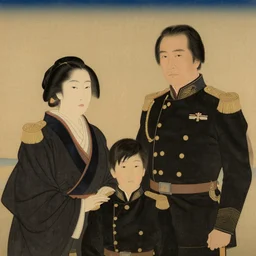 family portrait of duke leto lady jessica and prince paul atreides, dune, father mother and son, three people, only 3 figures, detailed, solemn, awe - striking, beautiful, militaristic, honorable, in the style of yamato - e, traditional japanese painting, tosa school, tosa mitsuoki, tosa mitsunobu, iwasa matabei, tosa mitsunori.