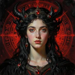 hyper realistic portrait painting of goddess cybele with intrincate detail, detailed face, by godward, gustav moreau, saturno butto, boris vallejo, austin osman spare and david kassan, by bussiere. in tomantic style, occult art, occult diagram, black and red color scheme.