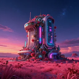 architecture by benedek vass, cosmic studio ghibli san andreas futuristic meadow tokyo steampunk magic realism neon signs uv light elysian vaporwave cgsociety retrowave galactic sunset matte painting bladerunner 2 0 4 9 infrared, archdaily, wallpaper, highly detailed, trending on artstation.