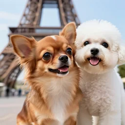 a photorealistic closeup image of a cute brown colored long haired chihuahua cocker spaniel dog with a happy white bichon frise dog in paris. brightly lit. extreme detail. 4 k hd unreal engine