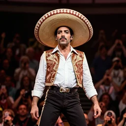 Freddie Mercury wearing a Mexican sombrero on stage, live Wembley 1986, live concert photography, high quality
