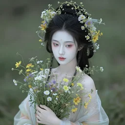 chinese fairy woman, pale skin, wearing wild flowers