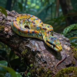 multicoloured python crawling on ruins in jungle, elegant, high quality, striking, high contrast, very detailed, bright colours, smooth, fluid, coherent, high quality, dramatic lighting, by brom and magali villeneuve and mucha
