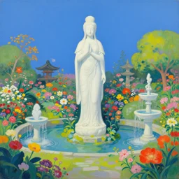strange pagan japanese garden with an ancient eldritch female god statue by naoto hattori, focus on the garden with flowers and pagan fountains, very cohesive and vibrant, serenity, hyperminimalist, 8 k, surreal oil painting, highly detailed, dream like, masterpiece