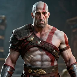 film still from god of war, a highly detailed beautiful closeup photo of vin diesel as kratos spartan warrior, olympian god, muscular!!!, masculine confident pose, ambient lighting, volumetric lighting, octane, fantasy