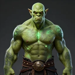 full body portrait of green - skin orc warrior, shirtless, broad chest, glowing magical tattoos. detailed face, concept art, intricate, highly detailed 8 k, smooth, sharp focus, handsome and aesthetic shape of face and body, artgerm, artstation, art by zexi guo and nira and junpei suzuki and gharliera and rinotuna