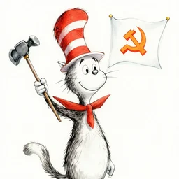 the cat in the hat by dr. seuss, the cat in the hat waving a flag, hammer and sickle symbol, detailed, watercolor, in the style of dr. seuss