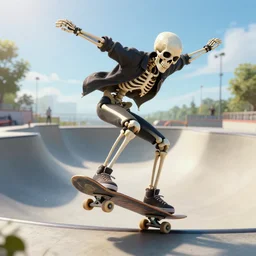 skeleton skater at the skatepark, digital art, artstation, hyperdetalied, high quality, high rendering, 8k, light,