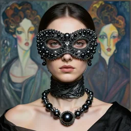 a beautiful futuristic portrait covered by mask made of wires and black pearl, necklace made by silk and wires twisted around neck, design by leonardo davinci, inspired by egon schiele, modern art, baroque art jewelry, new classic, fashion design, photorealistic, hyper realistic, cinematic composition, cinematic lighting, fashion design, concept art, hdri, 4 k -