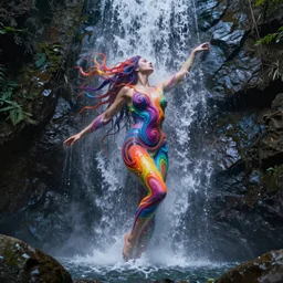 the universe is a woman - shaped waterfall spilling onto the rocks of love in a million bright colors of swirling ecstasy, unreal engine, dramatic lighting, cinematic