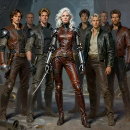 pulp scifi fantasy illustration full body portrait android girl, fencer, white hair, in leather, by norman rockwell, roberto ferri, daniel gerhartz, edd cartier, jack kirby, howard v brown, ruan jia, tom lovell, frank r paul, jacob collins, dean cornwell, astounding stories, amazing, fantasy, other worlds