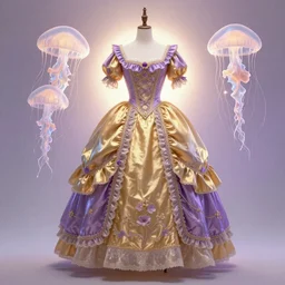 Goldenpurple dress design in the style of rococo,Victorian era,jellyfish element,dreamy, soft,Backlight ,luminescence,highly detailed,8k