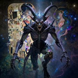 epic monumental beautiful portrait of menacing and anxious biomechanical Djinn overseeing the fabric of the universe by charlie bowater, mandy jurgens, gustav klimt, octane render, iridescent, 4k, 8k, high detail, HDR, by tom bagshaw, powerful, with inspiration from Beksinski