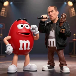 still of an award - winning movie of a rapping cartoon chocolate m & m candy rapping on the left with eminem rapping on the right, hyperdetailed, hdr, studio lighting, studio quality effects, epic!!!!!! 4 k, 8 k
