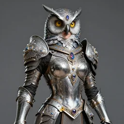 female warrior with bejewelled metal owl armour, highly detailed, 4k, HDR, smooth, sharp focus, hyper realistic, high resolution