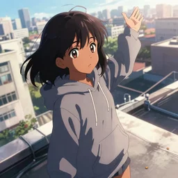 anime visual portrait of a young black haired girl wearing hoodie sightseeing above the urban city school rooftop sunny day dramatic lighting dynamic perspective and posing