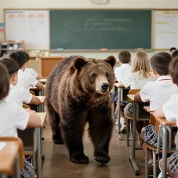 a bear sneaks through a third grade classroom, photo, 1 9 6 3, detailed