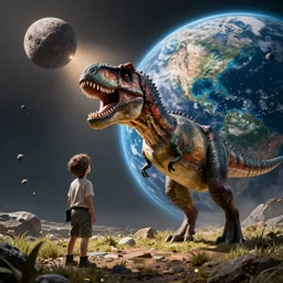 A T-Rex watching the asteroid hitting Earth, digital art, realistic, artstation, detailed