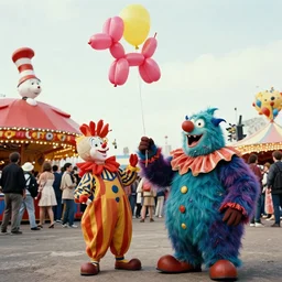 the clown monster at the fair, they tie a balloon animal, film still from the movie directed by denis villeneuve and david cronenberg with art direction by salvador dali and dr. seuss