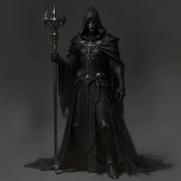 necromancer, full body shot, hood, d & d, horror, darkness, fantasy, intricate, elegant, highly detailed, digital painting, artstation, concept art, matte, sharp focus, illustration, art by artgerm and greg rutkowski and alphonse mucha