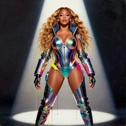 a cyberpunk beyonce wearing futuristic clothing, passionate, spotlight, paint drips, paint splatter, vibrant colors, dramatic, canvas texture, futuristic clothing, by marco paludet, by jeremy mann