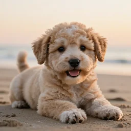 a closeup photorealistic photograph of a cute smiling bichon frise tiger cub laying out at the beach during sunset. professional capture, well lit shot. this 4 k hd image is trending on artstation, featured on behance, well - rendered, extra crisp, features intricate detail, epic composition and the style of unreal engine.