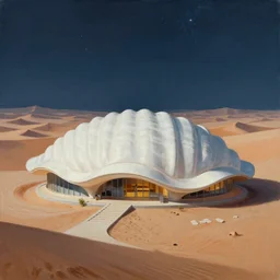 sci fi landscape painting of snohetta architecture design of a seashell shaped house in the middle of the desert at night, painted by john harris and moebius