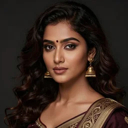a beautiful half body portrait, dark background, gorgeous fantasy south asian brown traditional woman, professionally retouched, soft studio lighting, realistic, smooth face, gorgeous eyes, curly hair, wide angle, sharp focus on the eyes, 8 k high definition, insanely detailed, intricate, elegant, gorgeous, art by artgerm and wlop