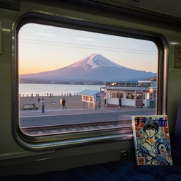 fuji 5 0 r, 3 5 mm ; sunrise, shinkansen interior with station sleeper window view like ; in background a projection of beautiful hyperrealistic film still from ronin ( 1 9 9 0 ) beach promenade scene directed by tati in style of 1 9 9 0 s frontiers in miniature porcelain kintsugu design magazine seinen manga edition, real - life seinen manga porcelain sci - fi font izakaya sign, highly detailed, cinematic lighting, 8 k