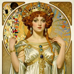 realistic detailed Art Nouveau lithograph portrait of Theda Bara as Cleopatra in an elaborate costume by Alphonse Mucha, Gustav Klimt, and Leon Bakst