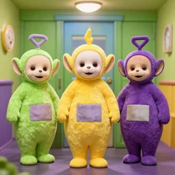 eery uncanny teletubbies in the backrooms