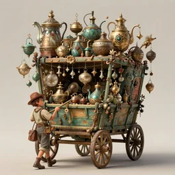 a tinker carrying a giant wagon full of trinkets and hanging artifacts. intricate, elegant, highly detailed, digital painting, artstation, concept art, sharp focus, illustration, by justin gerard and artgerm, 8 k
