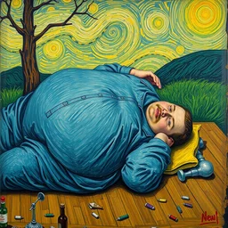 obese man falls over, painted by van gogh