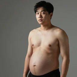 Young male Korean protagonist shirtless with a big pregnant belly, ultrarealistic, highly detailed, 8k