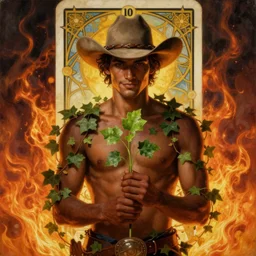 a beautiful dramatic epic ethereal symmetrical painting of a handsome cowboy holding a green plant in his hands | he is dark skinned and shirtless and wearing a cowboy hat and is draped in ivy | he has a gentle face and a slight smile | background is an epic flames fire conflagration | tarot card, art deco, art nouveau | by Mark Maggiori | trending on artstation