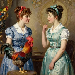 women dressed in pin up style speaks to the rooster by greg hildebrandt fancy rococo baroque regal oil painting high quality award winning clothed in fancy garb