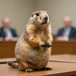 a fat prairie dog in a press confenrece room, giving a presidential speech