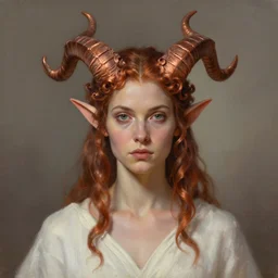 A head-on, symmetrical detailed oil portrait of an elf woman with small curly copper horns,  and wearing a simple white robe, by greg rutkowski, trending on artstation, dungeon and dragons art
