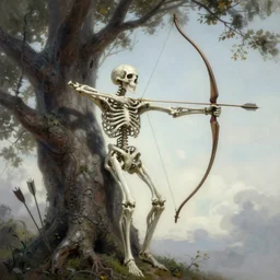 Death is swallowed up in victory, artwork by artgerm, Long Bow and arrows, perched in a tree, full body shot, DD, fantasy, highly detailed, digital painting, artstation, smooth, sharp focus, art by thomas kinkade and Ruth Asawa and Thomas Cole