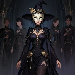 a full body portrait of a beautiful witch with a mask, elegant, fancy dess, ornaments, highly detailed, beautiful, cinematic lighting, 2 d animate style, mesmerizing, 8 k hd, artstation, by hideyuki morioka, ito ogure, vofan, greg rutkowski, victo ngai, artgerm