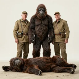 an old photograph of hunters proudly standing beside a dead bigfoot