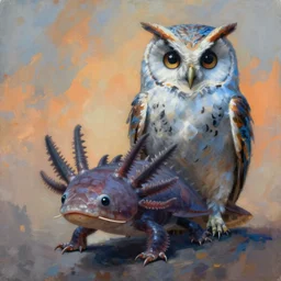 painting of hybrid between axolotl & owl, intercrossed animal, mixture animal, by zdzislaw beksinski, by lewis jones, by mattias adolfsson, by tiffany bozic, cold hue's, warm tone gradient background, concept art, beautiful composition, digital painting