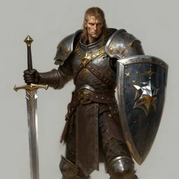 portrait of a warforged character holding a paladin engraved longsword and carrying a big shield, epic rough concept art, by Greg Rutkowski