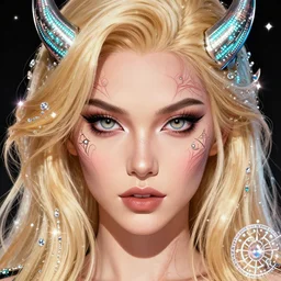 beautiful blonde female demon, veins, perfect eyes, detailed face, comic cover art, magic, technology, sigils, leds, shimmer, diamonds dust, rhinestones, cyberpunk,