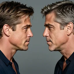 a still of Brad Pit and George Clooney face to face. Neutral expression. Close up shot, detailed. Professional photography.
